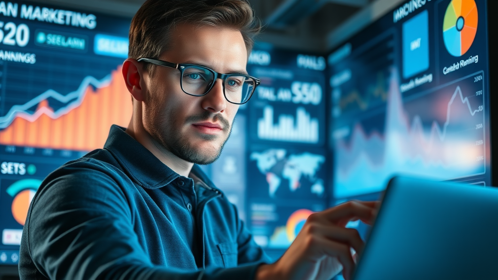 marketer analyzing SEO tags and blog analytics dashboard for improved blogging impact on sales